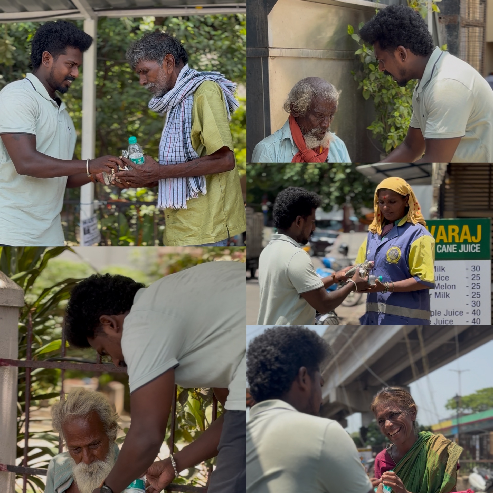 Volunteer offering water to an elderly man on the street